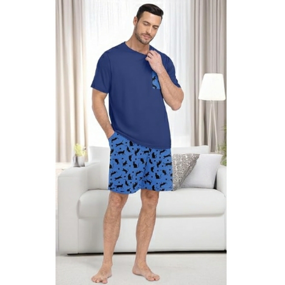 Men's Pajama Set Sleepwear Lightweight Short Sleeve Blue New